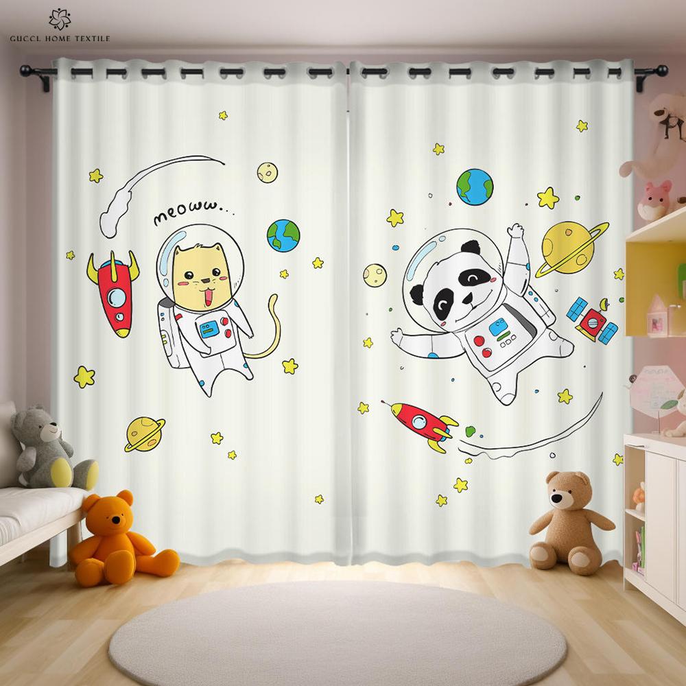 Cartoon Space Astronaut Curtains 2 Piece Puzzle Creative Printing Curtains Children's Room Kitchen Study Decorative Curtains