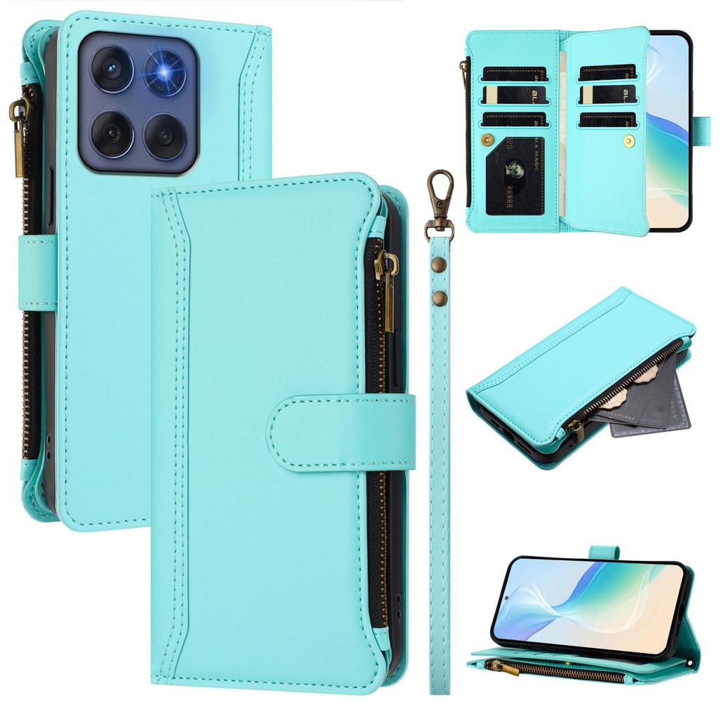 Para Motorola Edge (2025) 5G/Motorola Edge 60 Fusion 5G Capa de Couro 9 Compartimentos para Cartões Carteira com Zíper Suporte Capa de Celular com Alça de Pulso