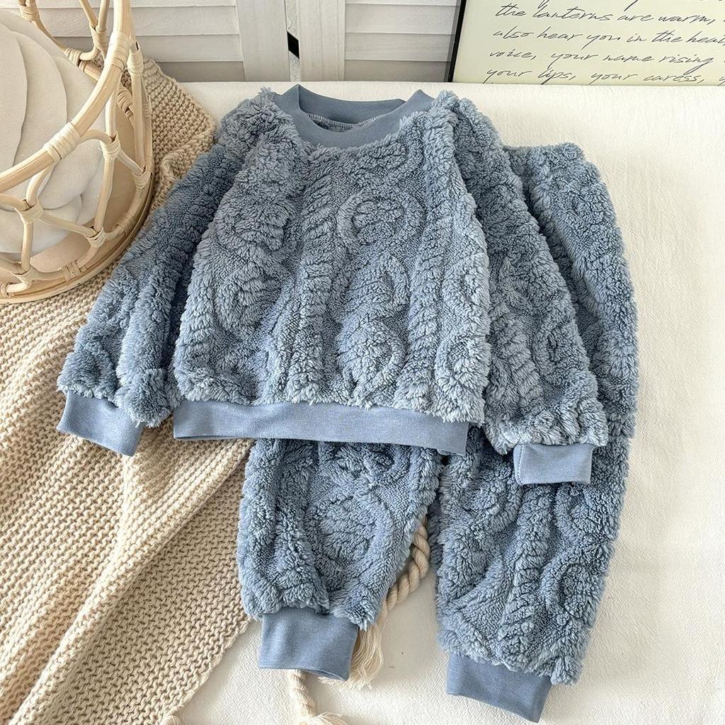 Children's Autumn and Winter Flannel Pajamas Set Boys Plus Velvet Thickened Home Service Girls Thermal Underwear Set
