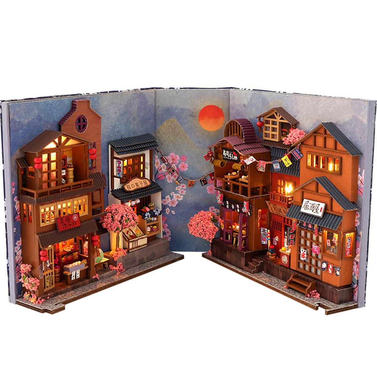 

Cherry Sakura 3D Wooden Puzzle Bookend DIY Book Nook Kit with LED Light Shelf Insert Alley Miniature Dollhouse Model Buildings