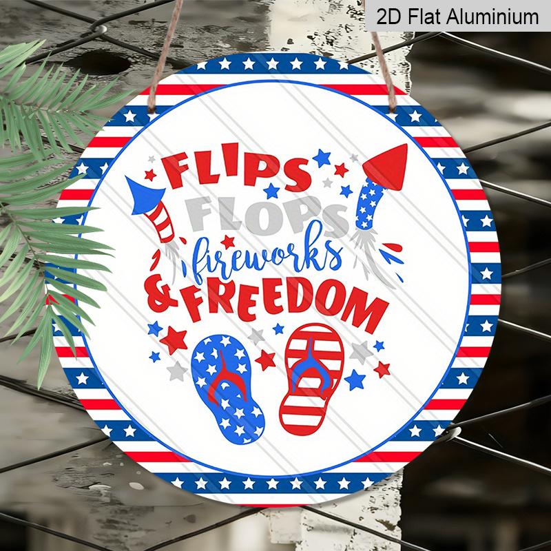 2D Flat, 1pc Patriotic 4th of July Metal Decorative Plaque, Red White Blue Flip Flops Fireworks USA Flag Design, Durable Indoor Outdoor Sign, Perfect