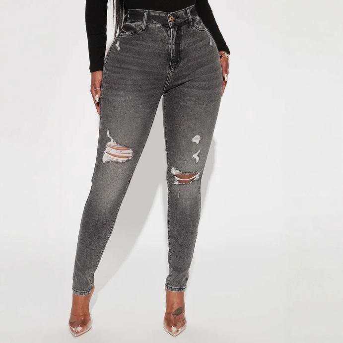 Jeans Skinny Lavés pour Femmes à Haute Élasticité Pantalons en Denim Roulés Déchirés Décontractés Rétro