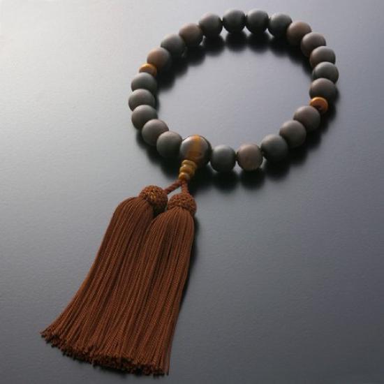 Men's Buddhist Prayer Beads by Kyoto Butsudan Hayashi, Pure Silk with Ebony (Unpolished) Tassel and Tiger Eye Finish [Tiger Eye] [Prayer Beads Bag