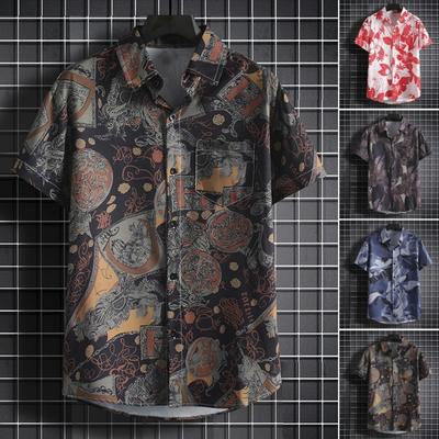 Sommerhemd für Herren, Blumendruck, kurze Ärmel, tropischer Stil, Hawaii, lockere Übergröße, einreihig, Umlegekragen, schnelltrocknend, mittellanges Strandoberteil
