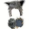 Hairy Werewolf Paw Mitten Fluffy Texture Wolf Hat with Ears Wolf Paw Cosplay Set  Carnival Party