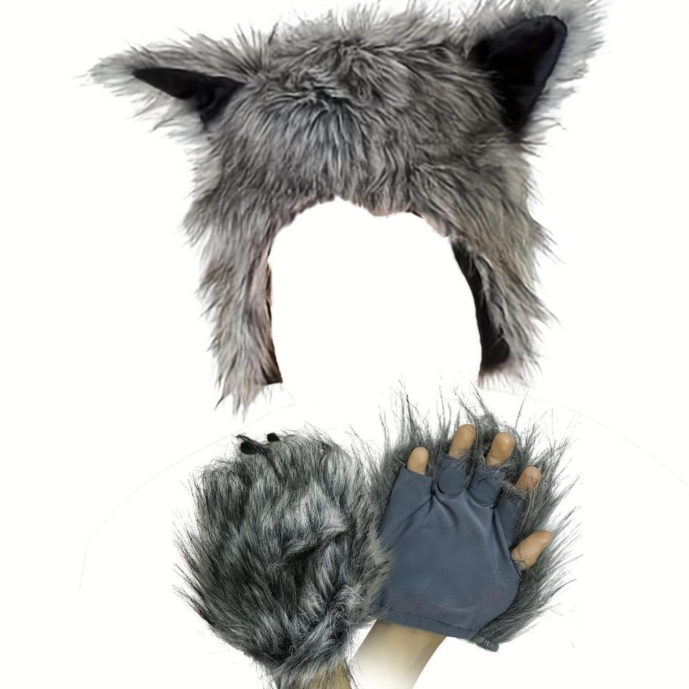 Hairy Werewolf Paw Mitten Fluffy Texture Wolf Hat with Ears Wolf Paw Cosplay Set Carnival Party