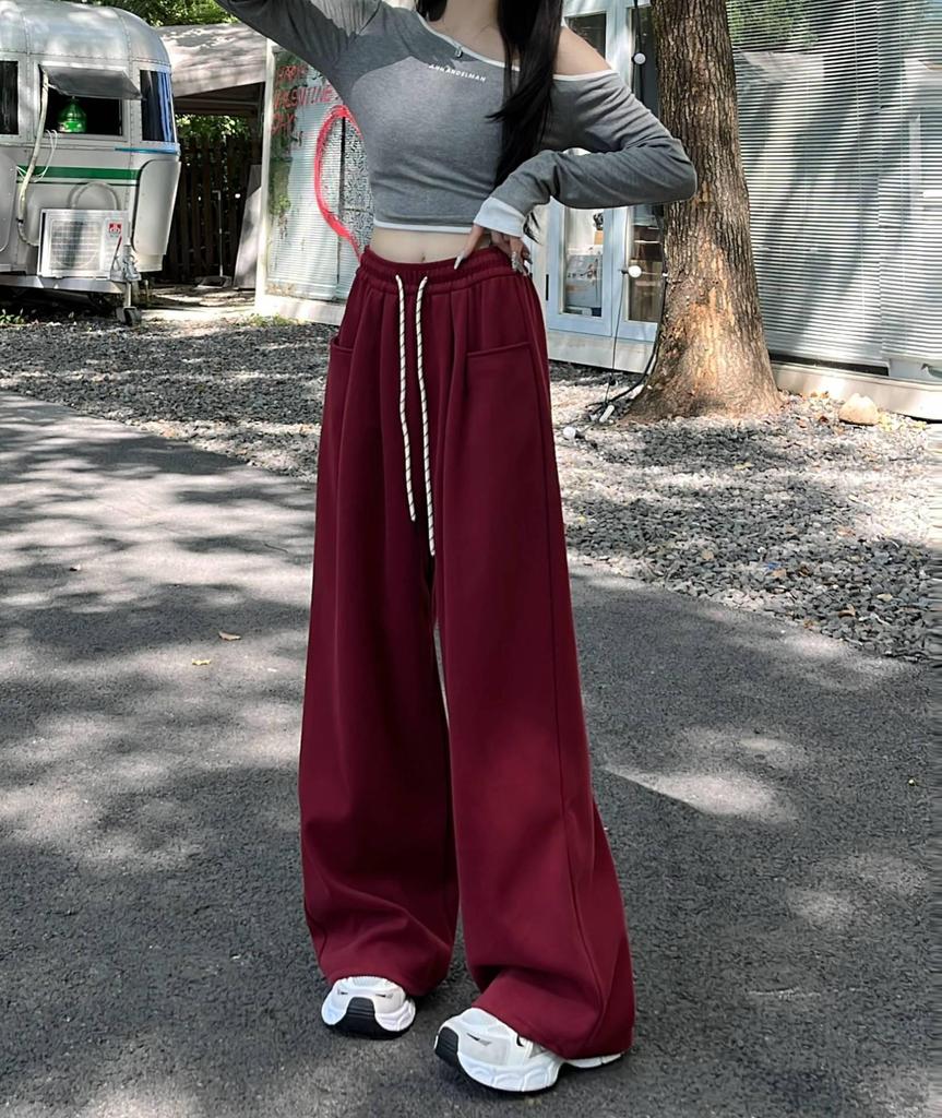 2025 Spring Women's High Waist Loose Wide-Leg Cotton Pants with Drawstring