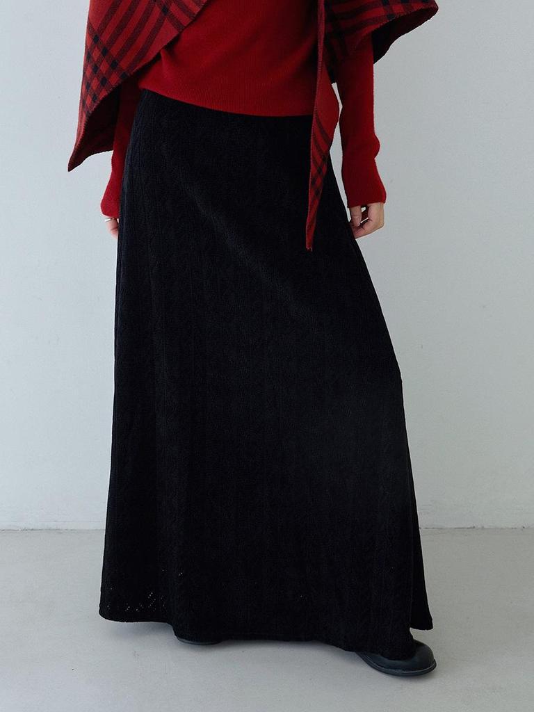 Koreanischer Stil Schwarzer texturierter High-Waist figurbetonter A-Linien-Strick-Midirock für Damen