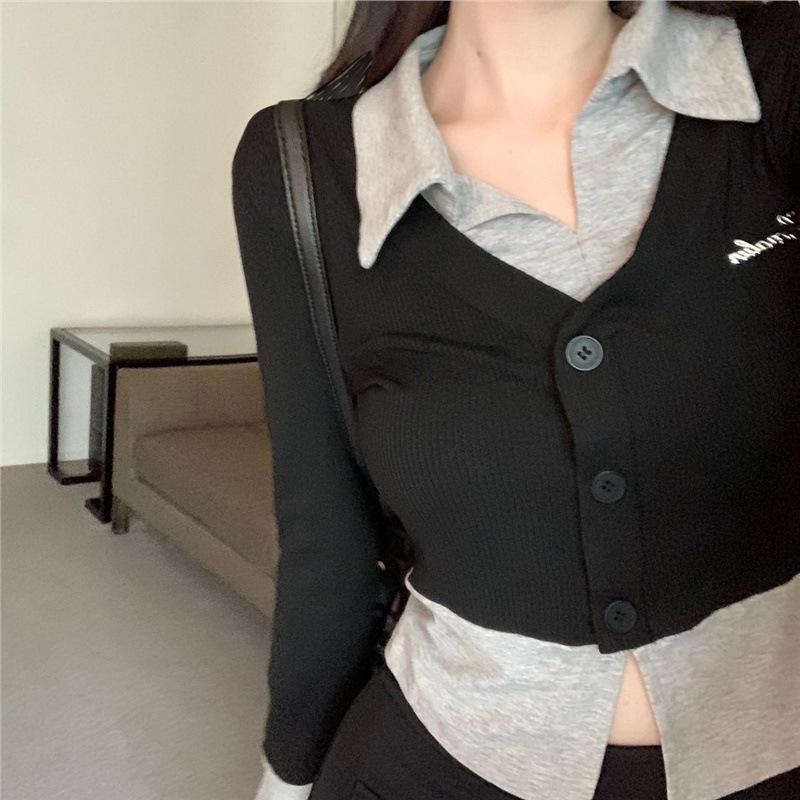 

Chic Spicy Girl Color Block Spliced Long Sleeve Polo Top Extra Large
