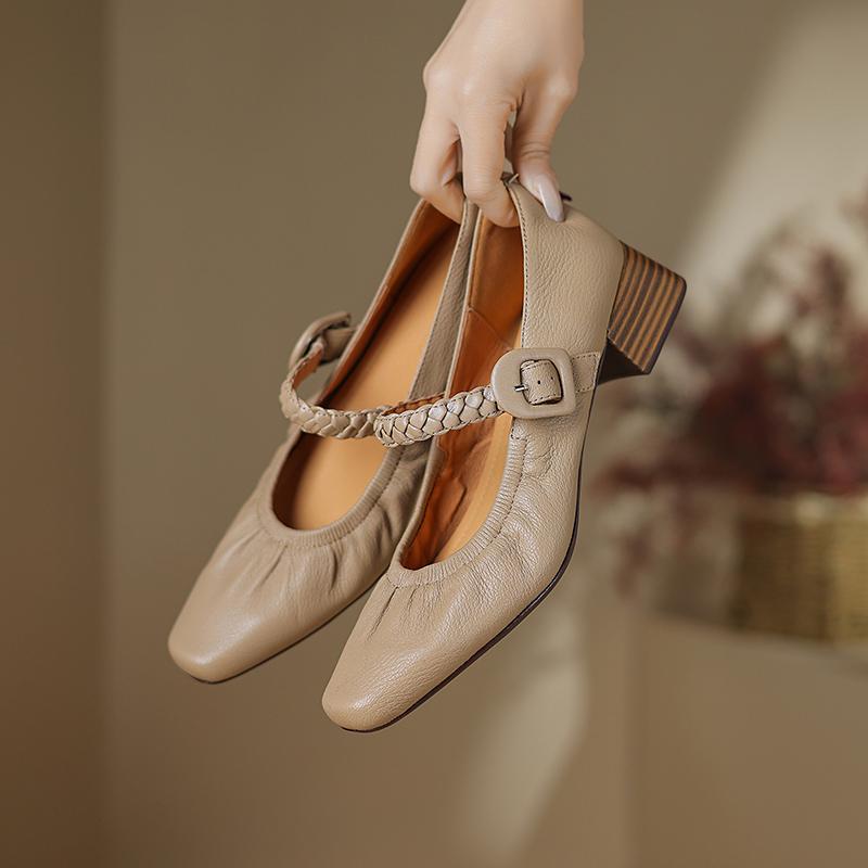 Fashion Casual Sneakers Woman Genuine Leather Apricot Square-toed Single-bar Buckle Soft Sole Low-cut Mary Jane High Heel for Spring