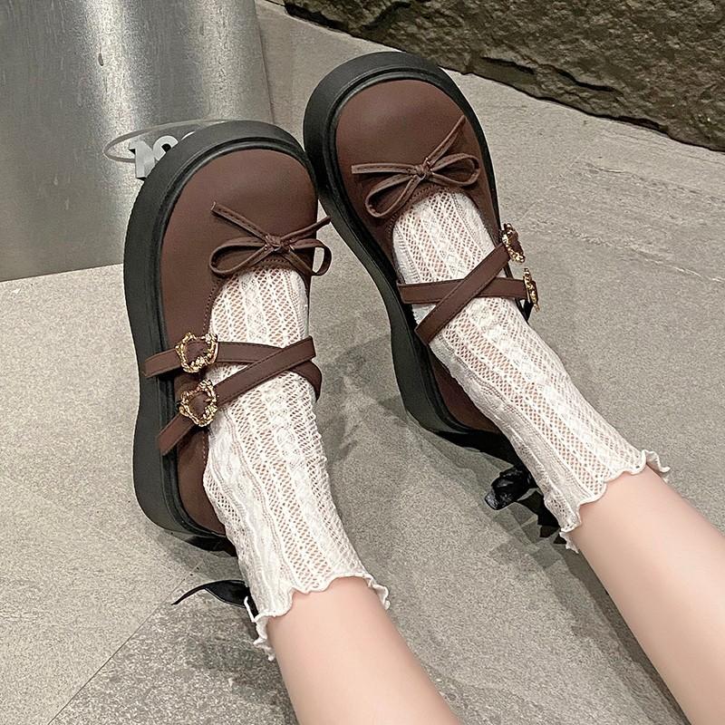 Bow platform small leather shoes women's spring new versatile round head Mary Jane single shoes