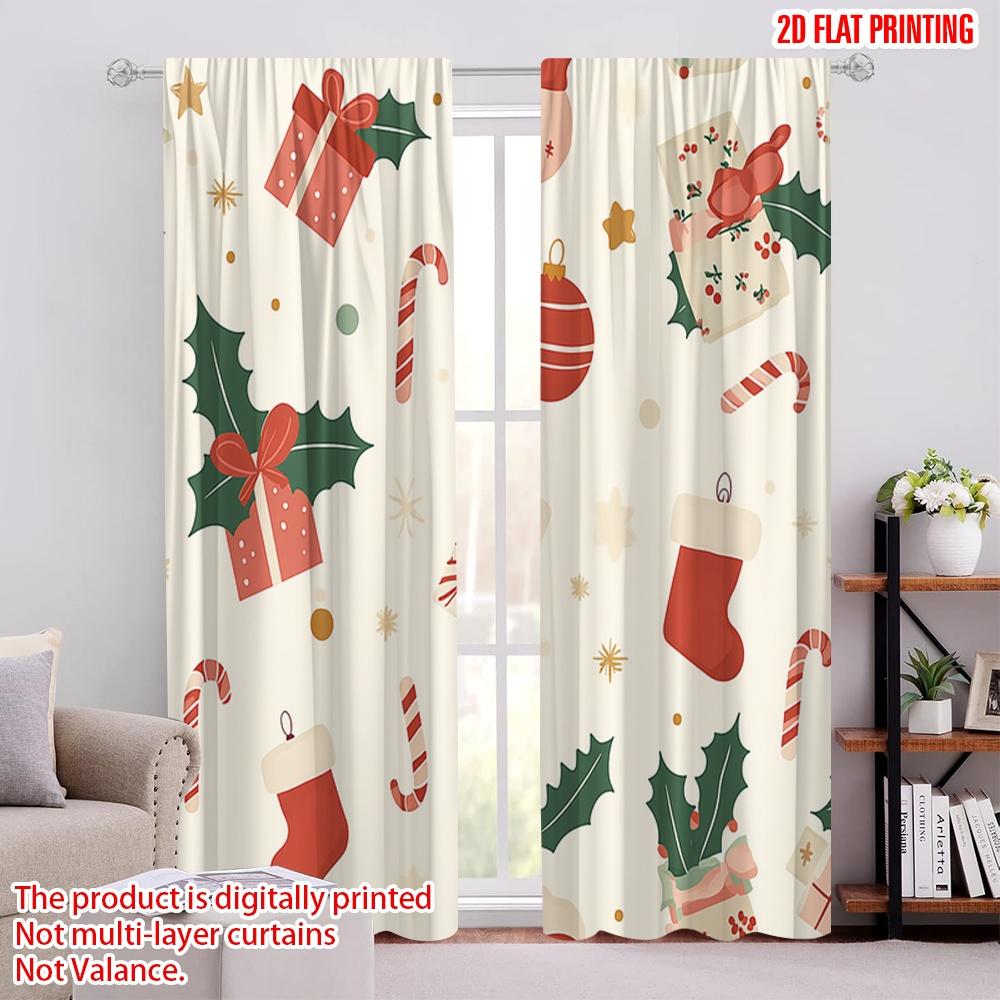 

2pcs,2D plane printing Creative Curtains Christmas Bauble Candy Cane Holly Bell Gift Versatile Durable Polyester (without rod) 52.50 × 116.00 cm 2 pcs