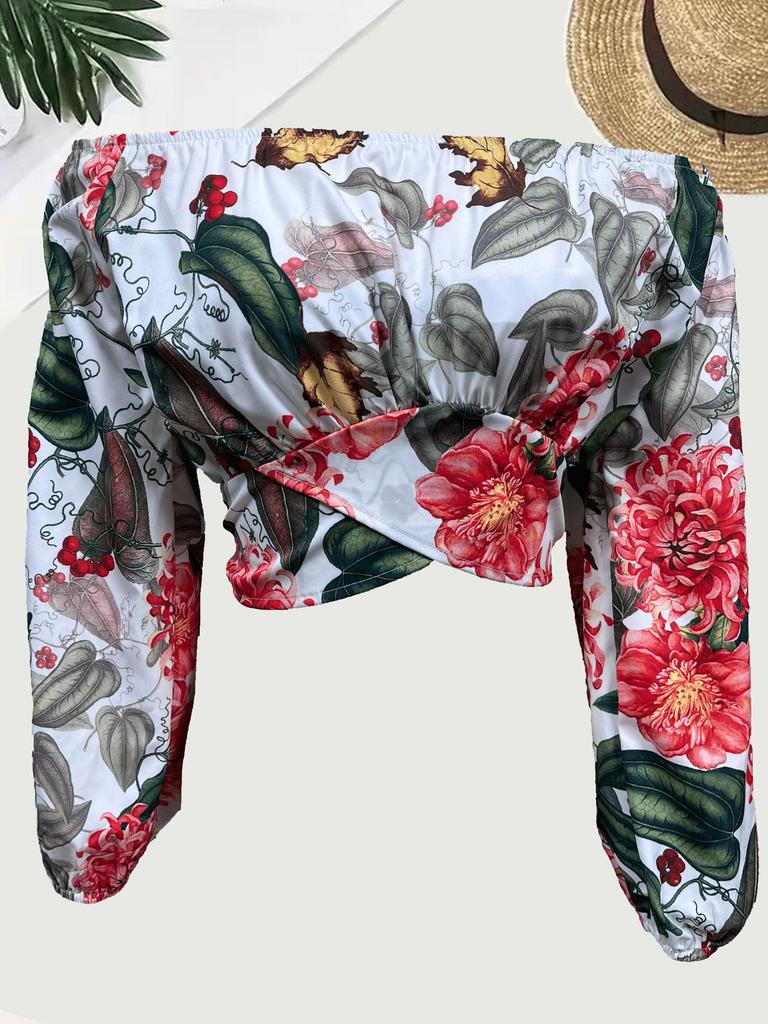 Spring and autumn new European and American women's clothing popular printing long-sleeved off-the-shoulder one-word collar lantern sleeve top