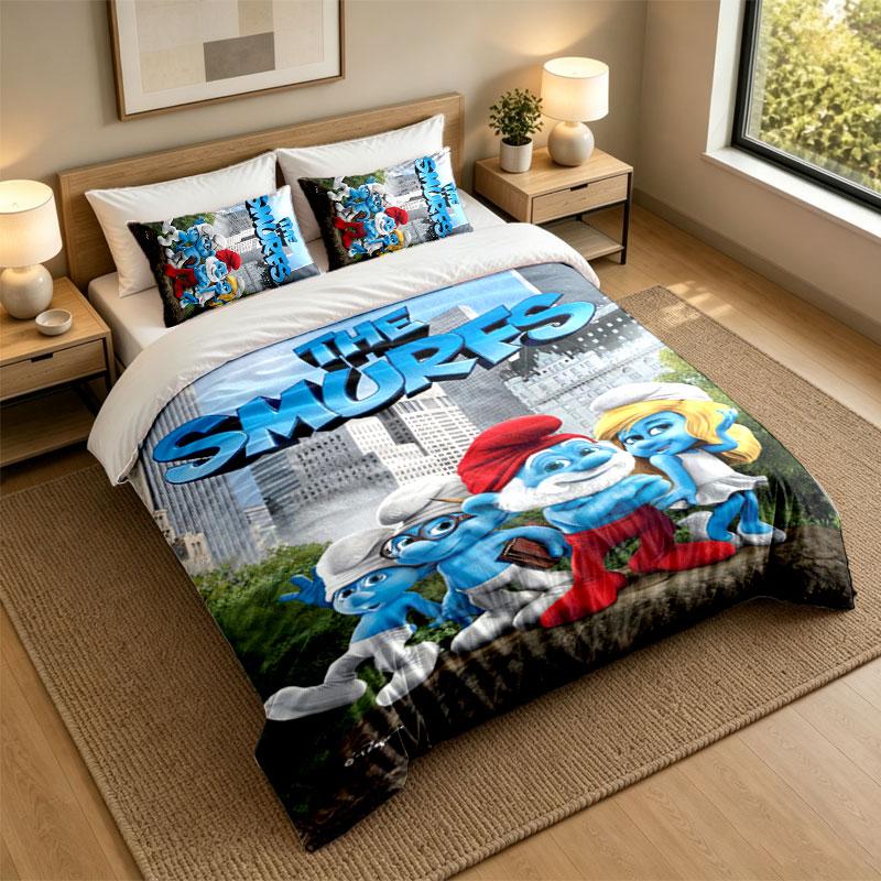 3Pcs Bedding SetSmurfs cute Soft Bed Sheet and Two Pillowcases Home Bedroom Decor