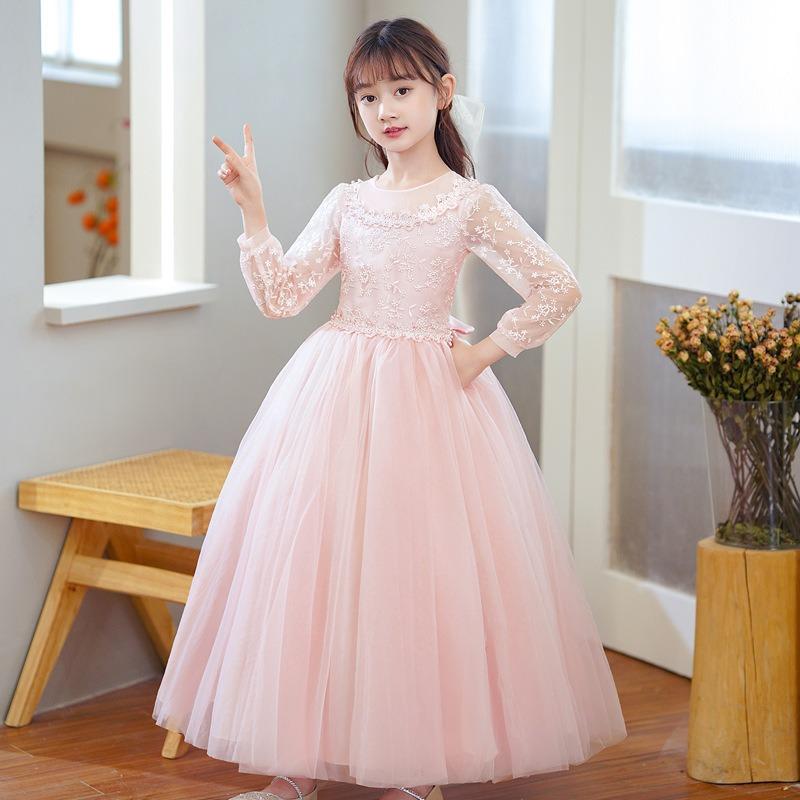 Kids Girls Long Sleeve Embroidered Tulle Puffy Formal Party Dress
