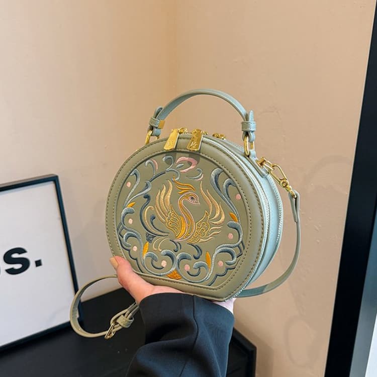 Vintage Embroidery Round Shoulder Bag, Zipper Handbag, Classic Trend Niche Satchel Bag