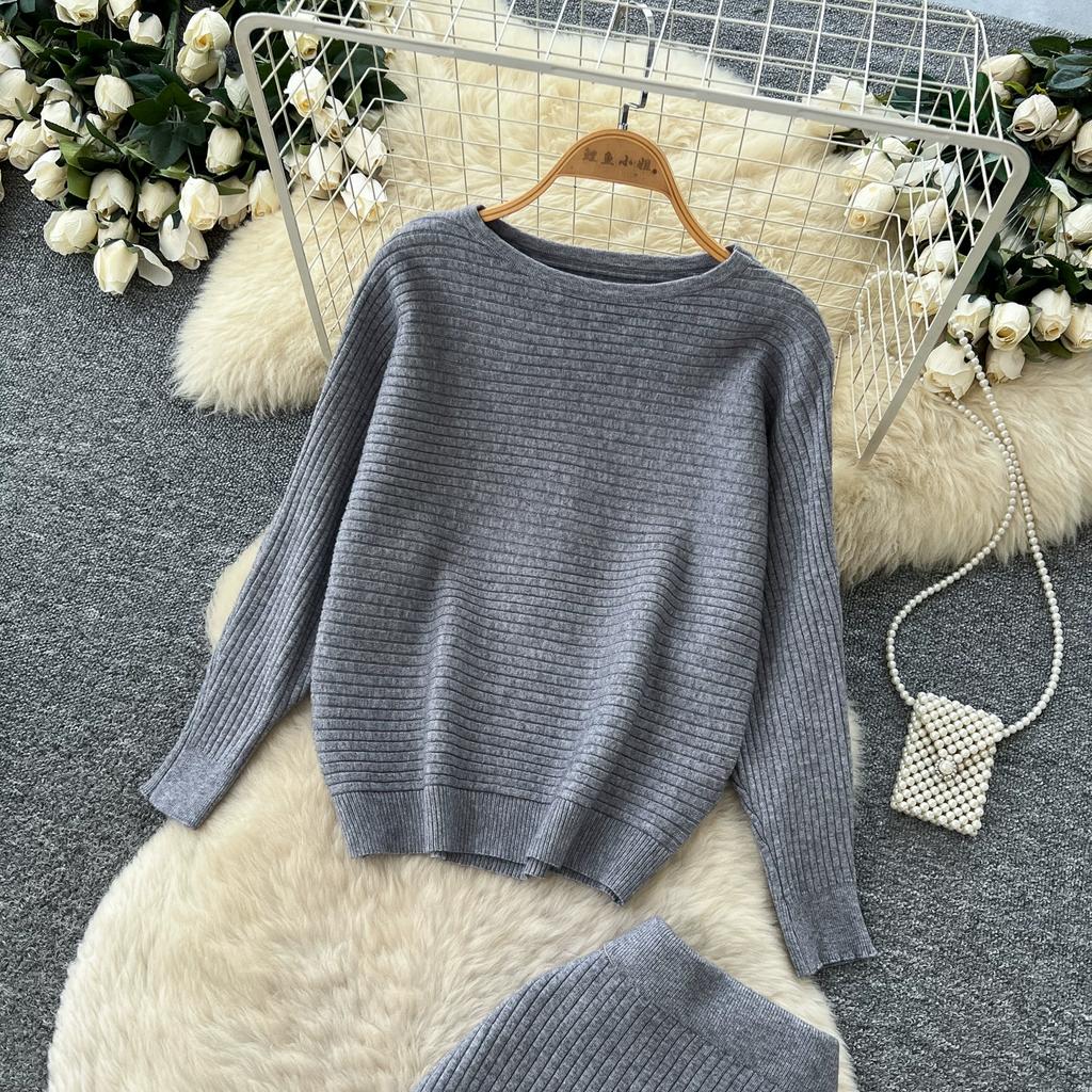 Korean Fashionable Sweater Two Piece Set Woemn's Batwing Sleeve Pullover Jumper Knit Top and High Waist Midi Skirt Sets Casual Knitted 2 Piece Sets