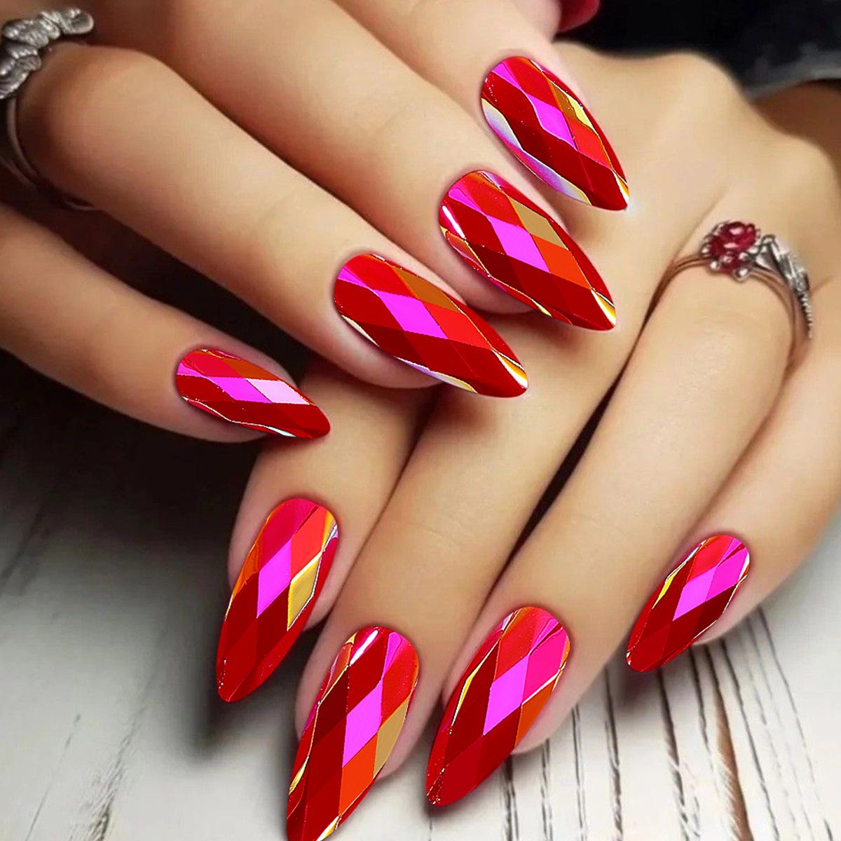 Переливающиеся 3D Ромбовидные Миндалевидные Носимые Ногти - Электролитическое Зеркальное Покрытие, 32 Штуки