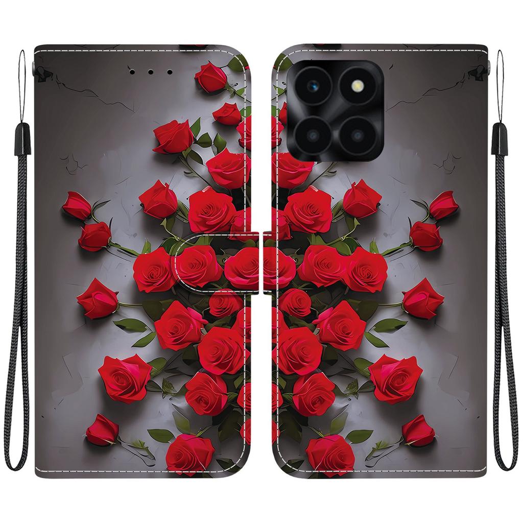 Handmade PU Leather Flip Case for Honor X6a Anti-Slip Shockproof Cover with Wrist Strap & Heart/Rose Cat Designs