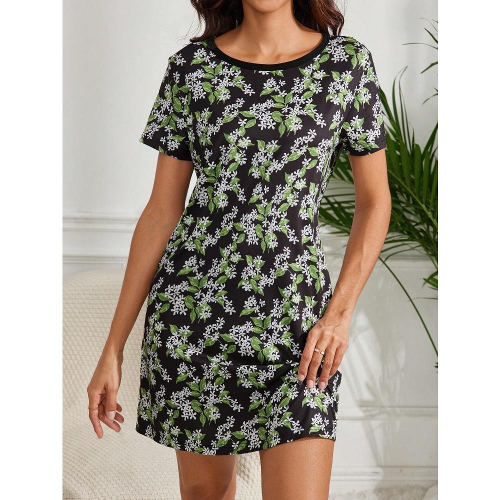 Allover Prints Floral Daisy Green Leaves Women Night Dress Short Sleeve Round Neck Sleep Dress Soft Elegant Summer Loungewear