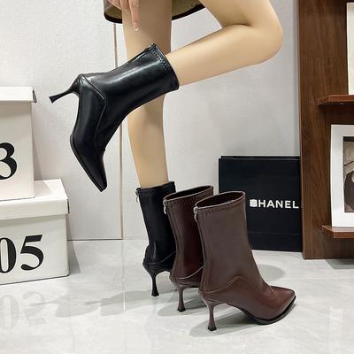 French High-heeled Pointed Short Boots, New European and American Thin-heeled Bare Boots, Thin Boots, Retro Brown Short Boots In Autumn and Winter 202