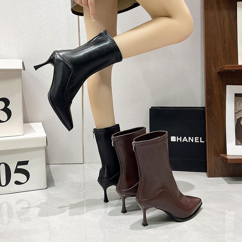 French high-heeled pointed short boots, new European and American thin-heeled bare boots, thin boots, retro brown short boots in autumn and winter 202