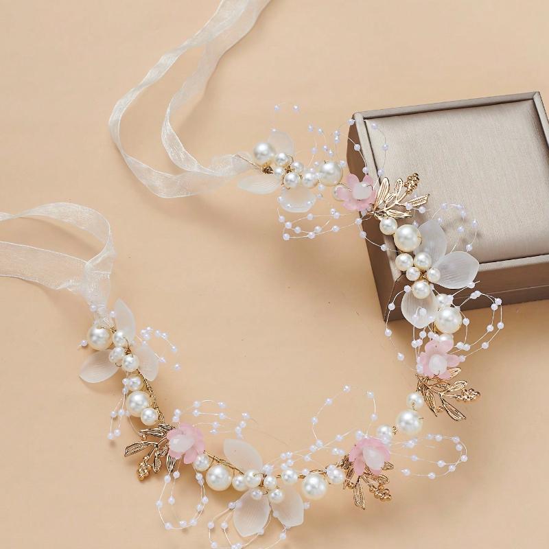 1pc Faux Pearl & Flower Decor Elegant Bridal Hair Band Tiara