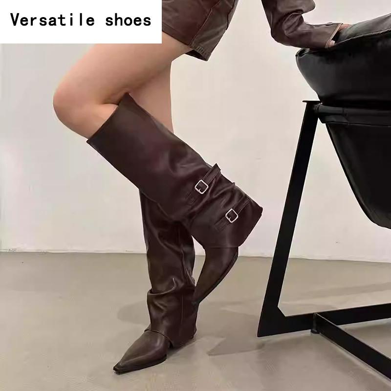 Cizme de designer de epocă, cu vârf ascuțit, pentru femei, până la genunchi, cu tocuri groase, papuci moderni, lungi, pantofi de damă.