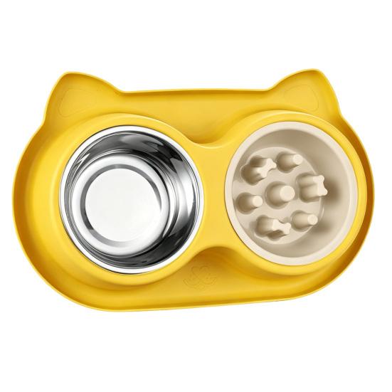 Yousheng Double Bowls Pet Feeder, Slow Feeder Bowl And Stainless Steel Bowl, Spill-Proof Anti-Slip Water And Food Bowl Set for Indoor Cats Dogs