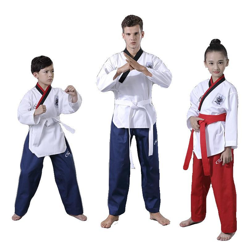 Taekwondo Poomsae Uniform Erwachsene Kinder Training Wettkampf Leistung Coaching Weißes Oberteil Blaue Rote Schwarze Hose