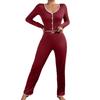 Europäischer und Amerikanischer Stil Damen Pyjama Set Langarm Schmal Geschnittenes Oberteil und Lange Hose mit Spitzenbesatz Sexy Loungewear