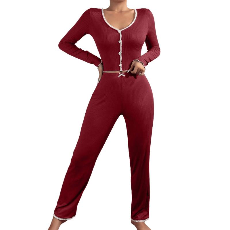 Europäischer und Amerikanischer Stil Damen Pyjama Set Langarm Schmal Geschnittenes Oberteil und Lange Hose mit Spitzenbesatz Sexy Loungewear