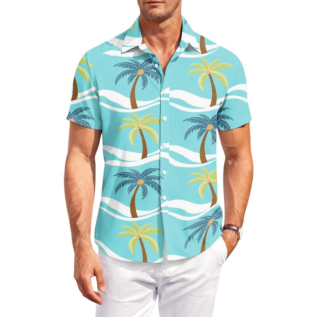Men’s Short Sleeve Button Down Shirt with Tropical Leaf Print Casual Collared Summer Outdoor Relaxed Fit Top for Everyday Wear
