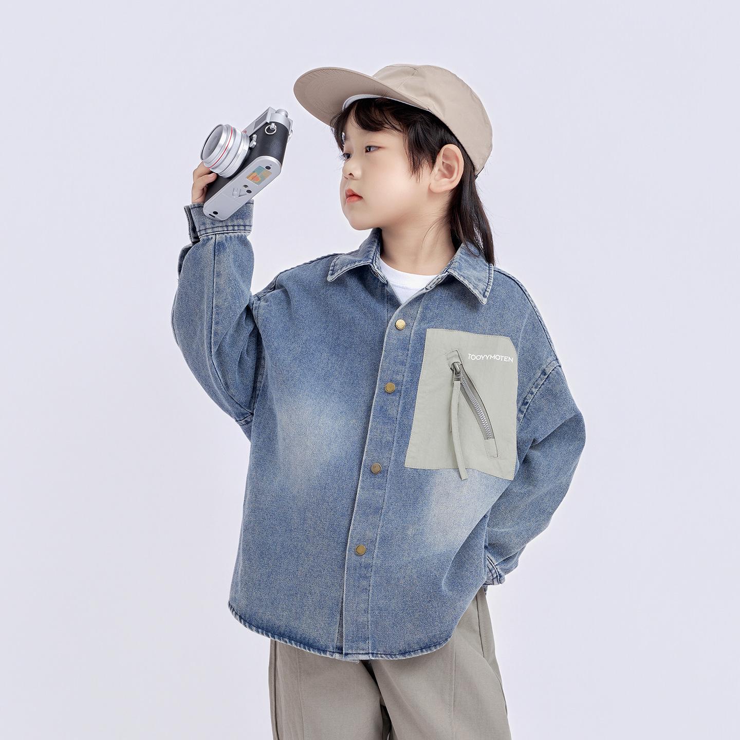 

Boys Trendy Denim Cardigan: Long-Sleeve, Turn-Down Collar, Autumn 2025 Fashion for Children 140 синий