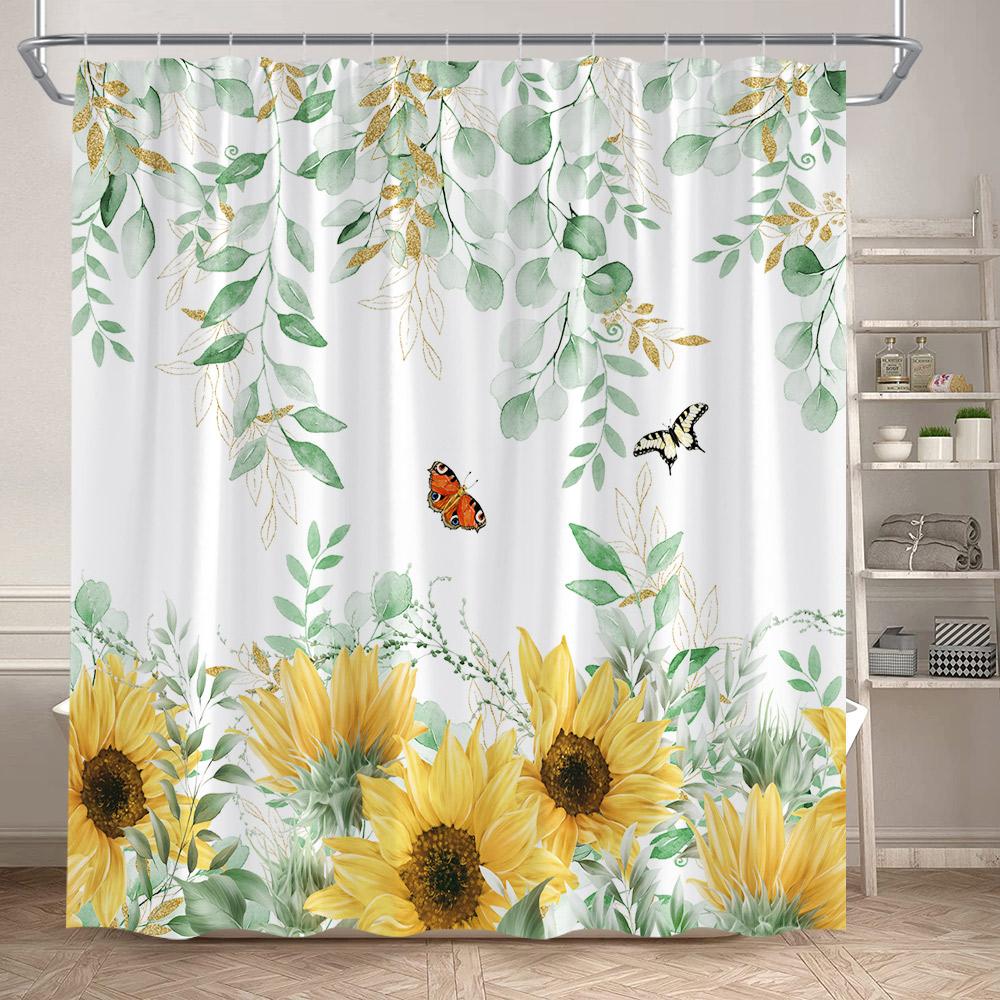 Rustic Sunflower Shower Curtain Butterfly Spring Floral Green Leaves Plant Bath Curtains Set Polyester Bathroom Decor with Hooks