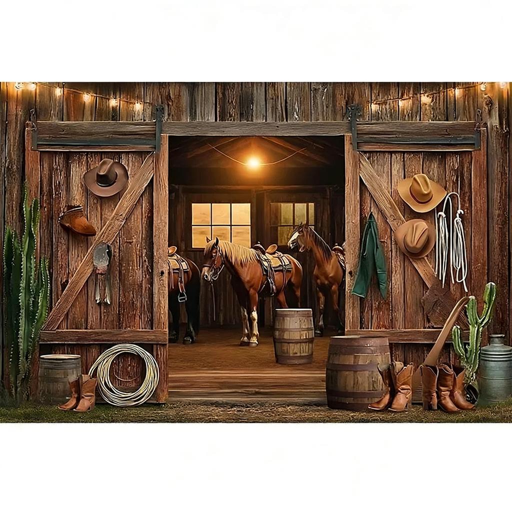 Tela de Fondo para Granero de Caballos del Oeste de Texas – Decoración Rústica para Fiestas y Fondo para Fotos-Tapiz