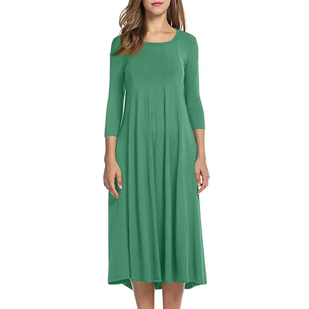 Women's Temperament Round Neck Three-quarter Sleeve Color Swing Dress