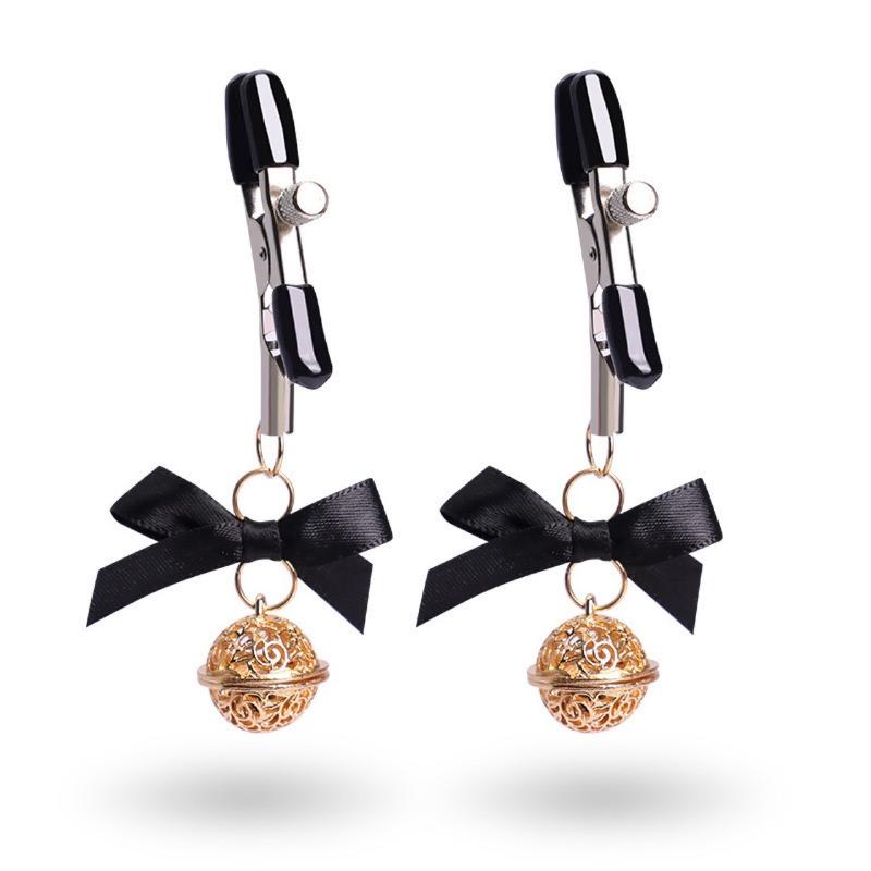 1 Pair Adjustable Nipple Clamps With Black Bow And Hollow Golden Bell Perfect For Couple Intimate Play Bedroom Cosplay SM Games
