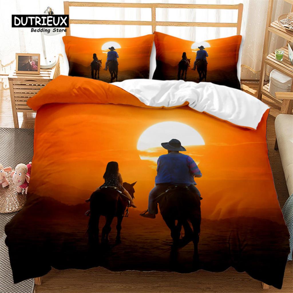 Cowboy Bedding Set Wild West Cowboys Western Style And Horses Themed Duvet Cover Microfiber Quilt Cover For Kids Boys Teen Decor