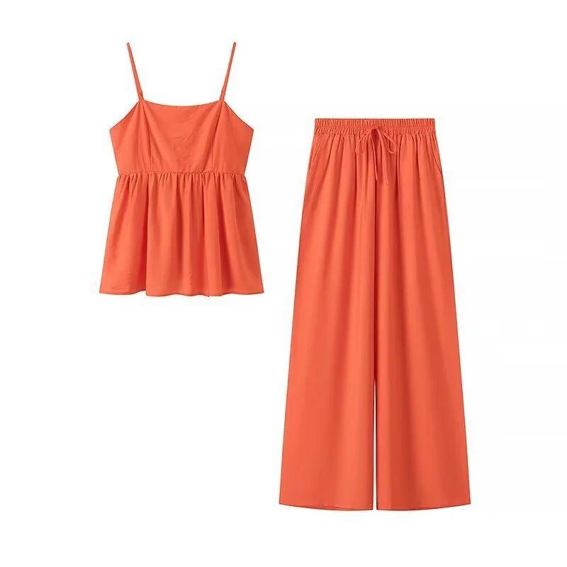 

Orange Soda Vigorous Summer Seaside Holiday Style Temperament Sling Small Top Elastic Waist Casual Trousers Set Orange Soda L
