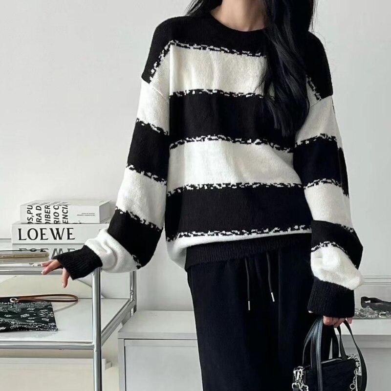 

Пуловер, трикотажный свитер для женщин, осень и зима, свободная полоска, универсальный повседневный свитер с длинным рукавом, женщины