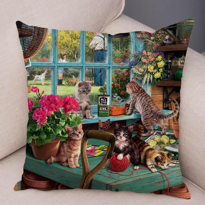 Oil Painting Color Cat Cushion Cover Pillowcase Home Decor Cartoon Animal Sofa Pillowcase Pillowcase Aesthetics