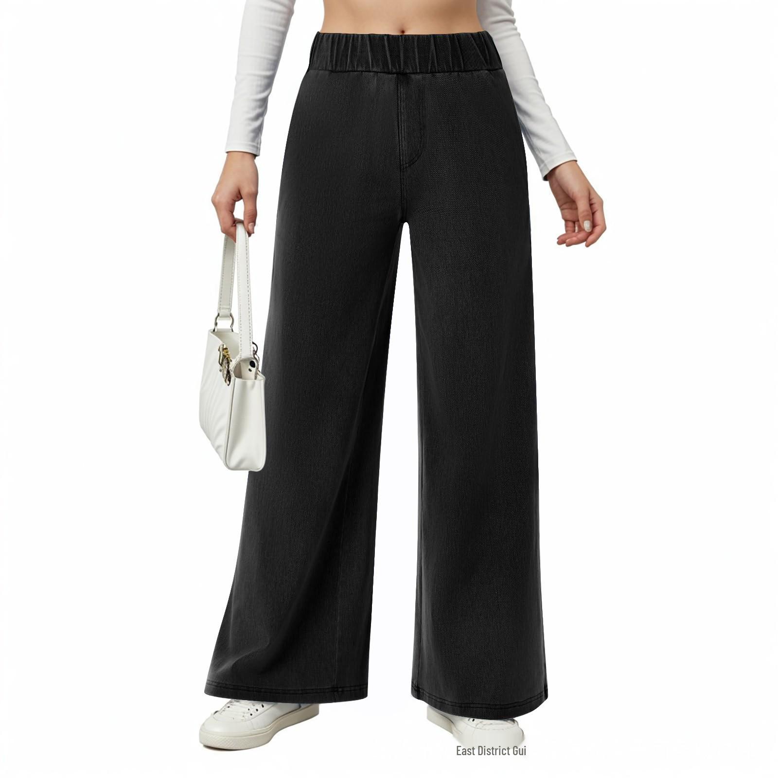 

Women s Spring/Summer Elastic Waist Straight-Leg Jeans - Versatile Solid Color Pants XXXL черный серый