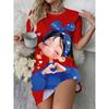 Blue Girl Patterned Floral Round-neck Short-sleeved Dress with Hand Symbol Design