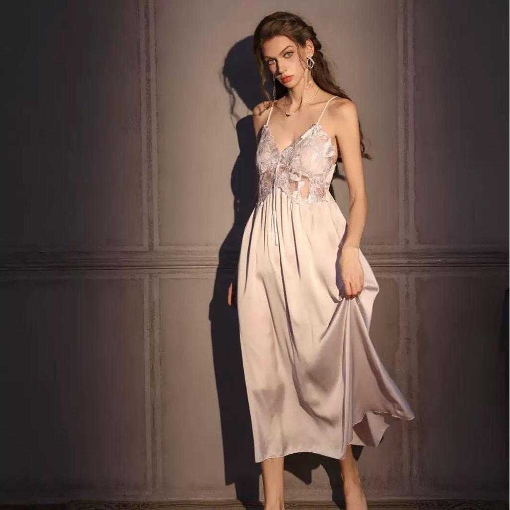 French Romantic Lace Nightgown & Silk Robe Set - High-End Elegant Homewear