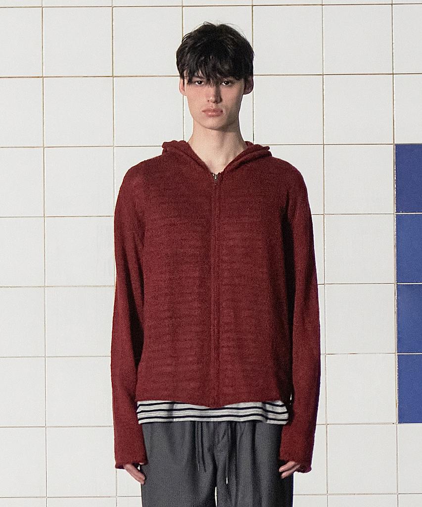 Unalloyed Argyle Elbow Knit Zip-Up Hoodie / Burgundy