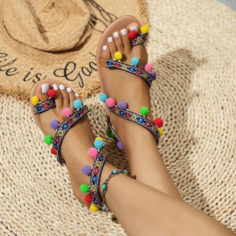 Summer Bohemian Cross Strap Hairball Pin-toe Flat Bottom Student Pin-toe Beach Shoes Sandals Batch