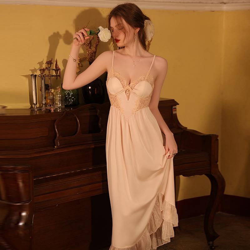 Costum Robă Nou pentru Femei Primăvară Satin Dantelă Rochie Lungă cu Spatele Gol Căptușit Pijamale Casual Sexy pentru Femei