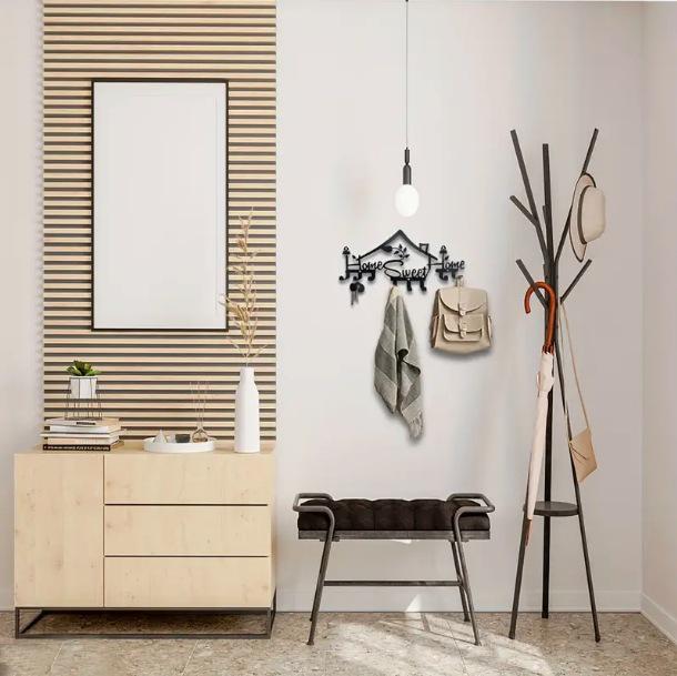 "Home Sweet Home" Modern Metal Wall-Mounted Coat Rack for Entrance Hall, Large Capacity for Coats, Hats, and Bags