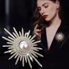 Gold Tone Sunburst Brooch Sparkly Rhinestones Faux Pearl Center 1Pcs Fashion Lapel Pin for Women Daily Wear Jacket Sweater Accessory